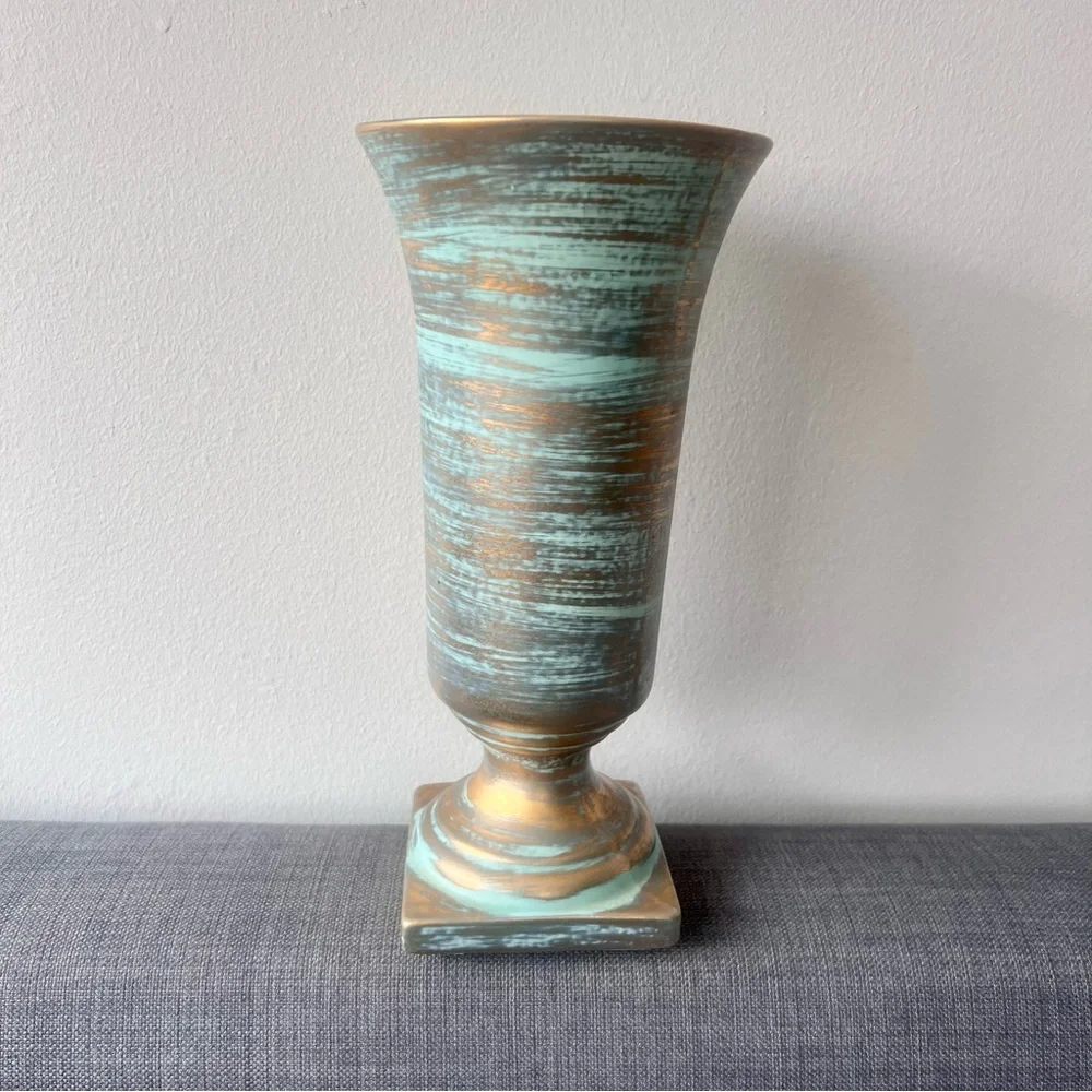 Elegant Stangl Aqua green and Gold/Bronze Vase 11” tall hard to find style